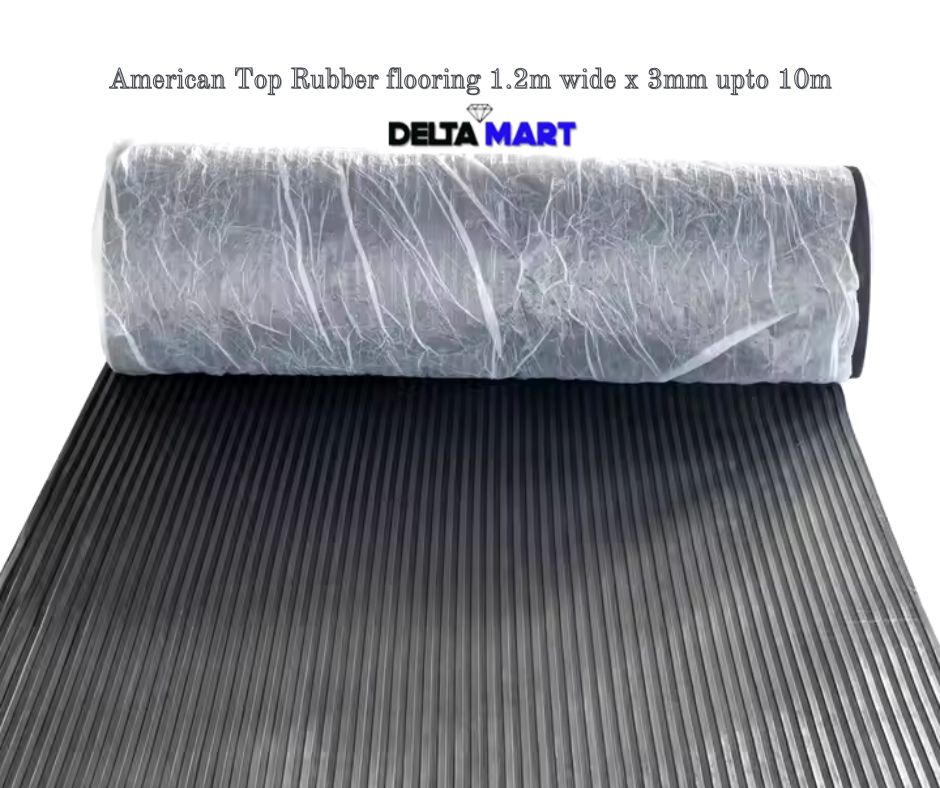 Roll of American Top Rubber flooring, 1.2m wide, 3mm thick, unrolled to show ribbed black surface; Delta Mart logo above.