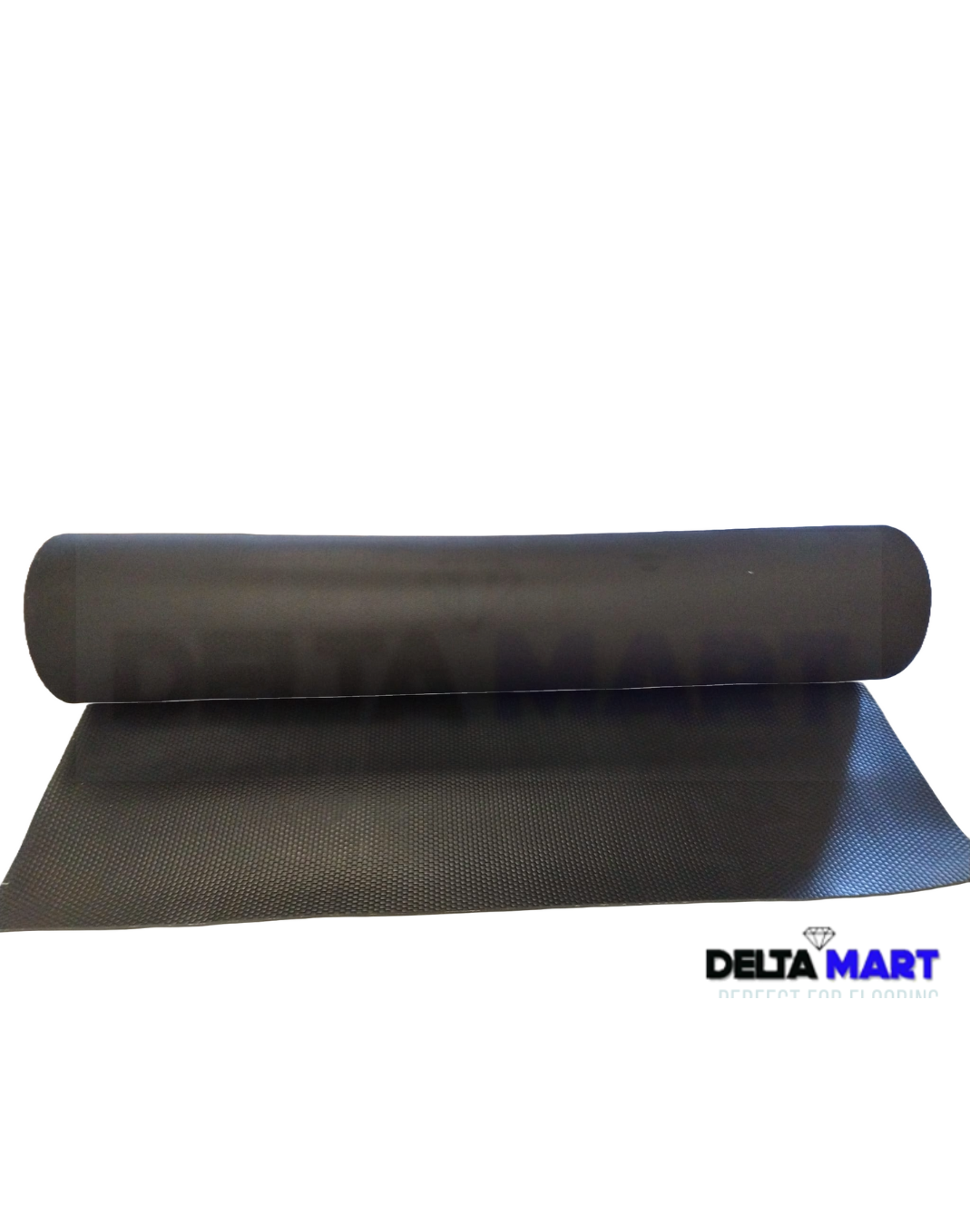Rolled black foam roller atop a textured black mat on a white background (Delta Mart logo bottom right).