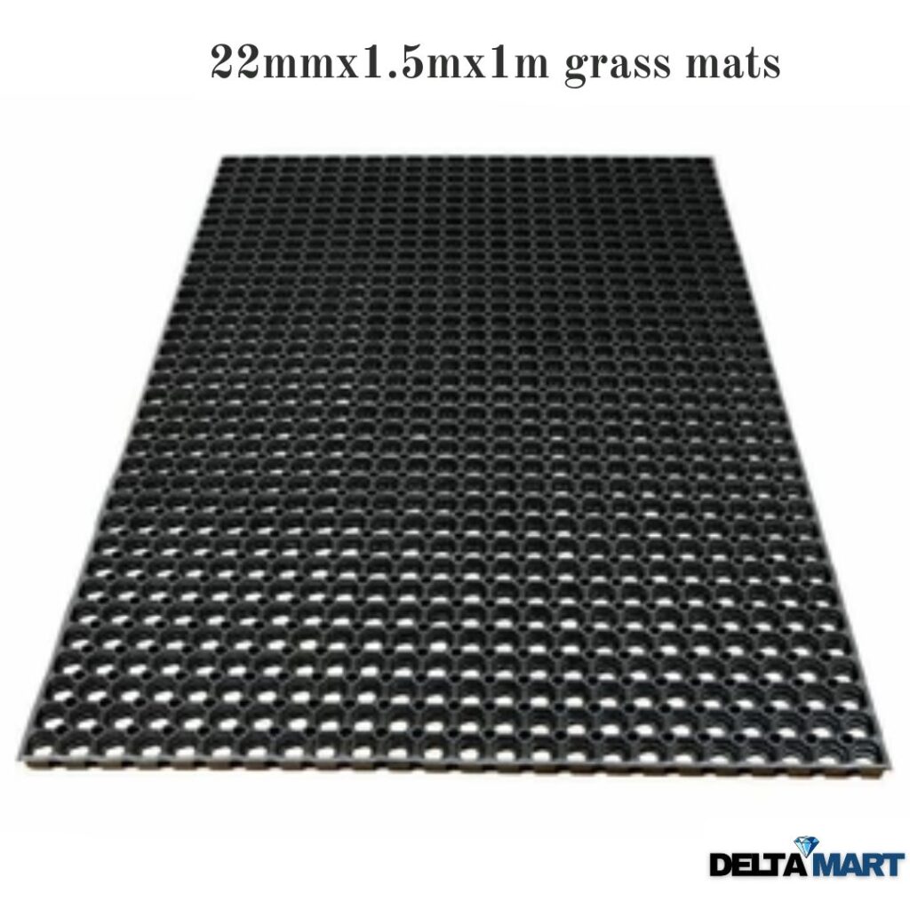 Black perforated rubber garden mat for lawns and paths, shown at an angle