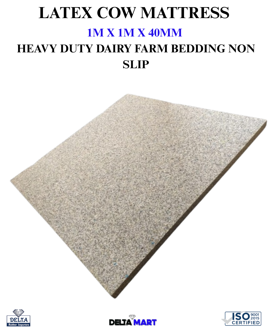 Latex cow mattress for dairy farms: heavy-duty non-slip bedding, 1m x 1m x 40mm, beige speckled slab (Delta Mart product).