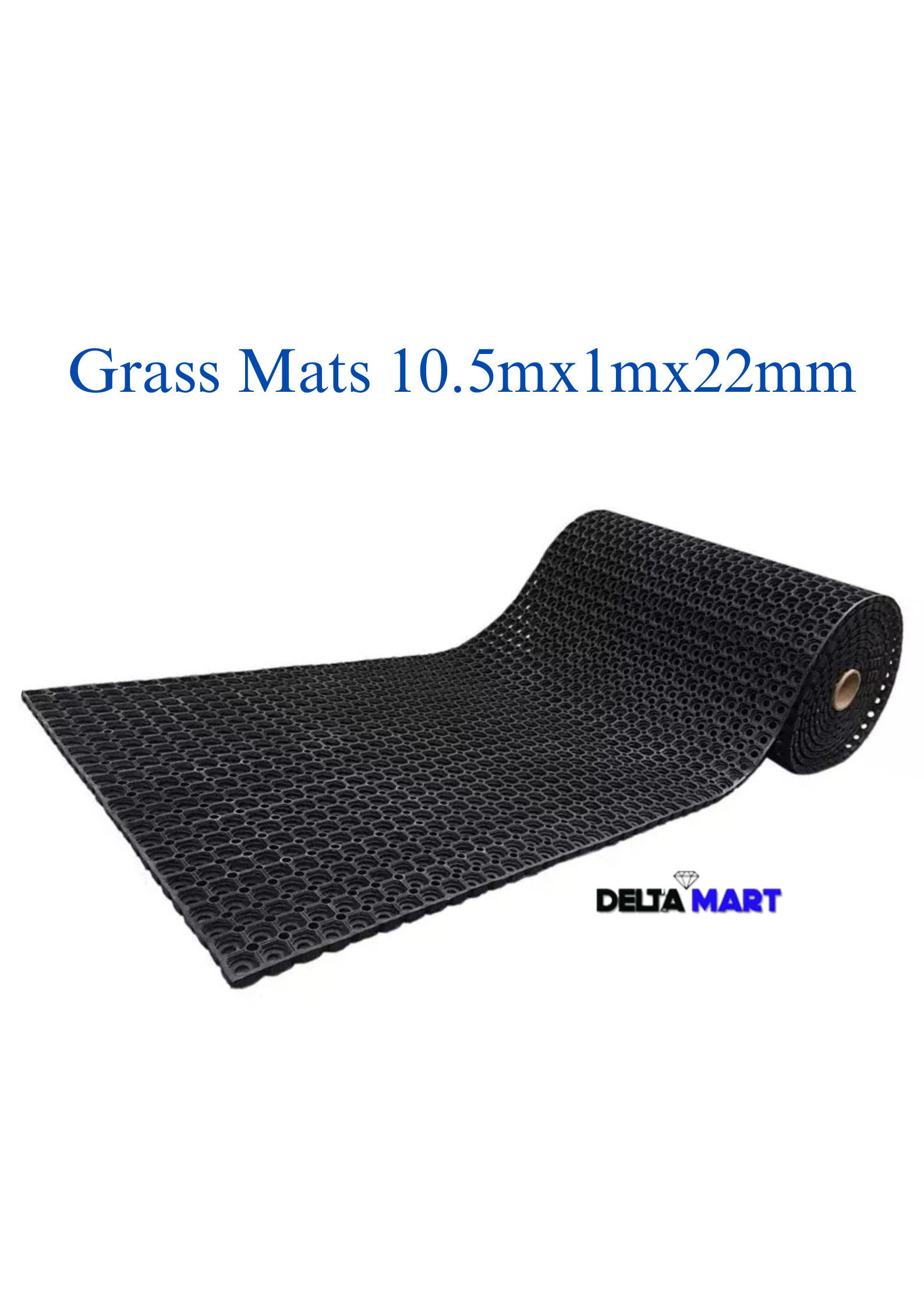 Grass Mats 10.5mx1m x 22mm roll with a textured black surface; DeltaMart logo bottom right.