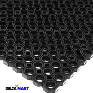 Black interlocking rubber mat with circular holes in a grid pattern; Delta Mart logo at bottom left.