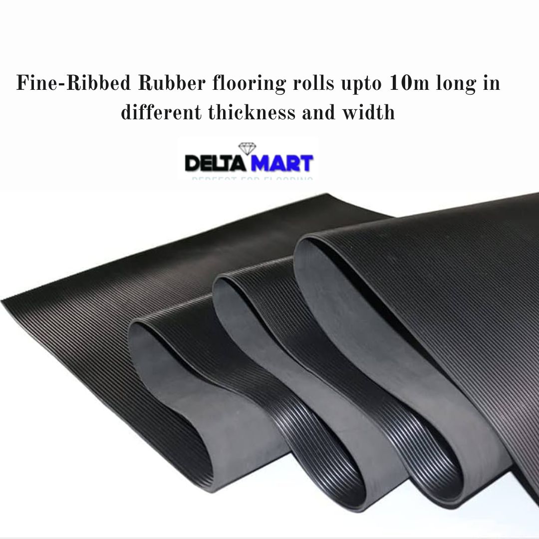 Rolled fine-ribbed black rubber flooring with Delta Mart branding; advertises 10m-long rolls in various thicknesses and widths.