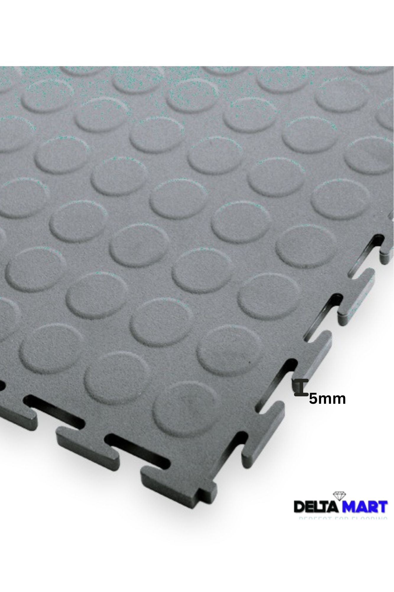 Gray modular flooring tile with interlocking edges and a raised circular pattern; 5 mm thickness shown.