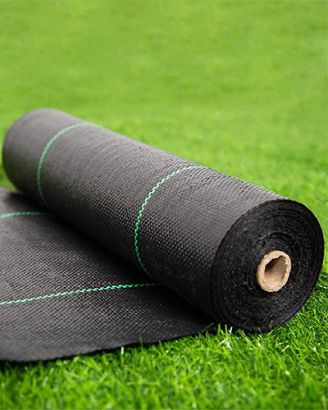 Rolled black exercise mat with green stitching lying on green grass.