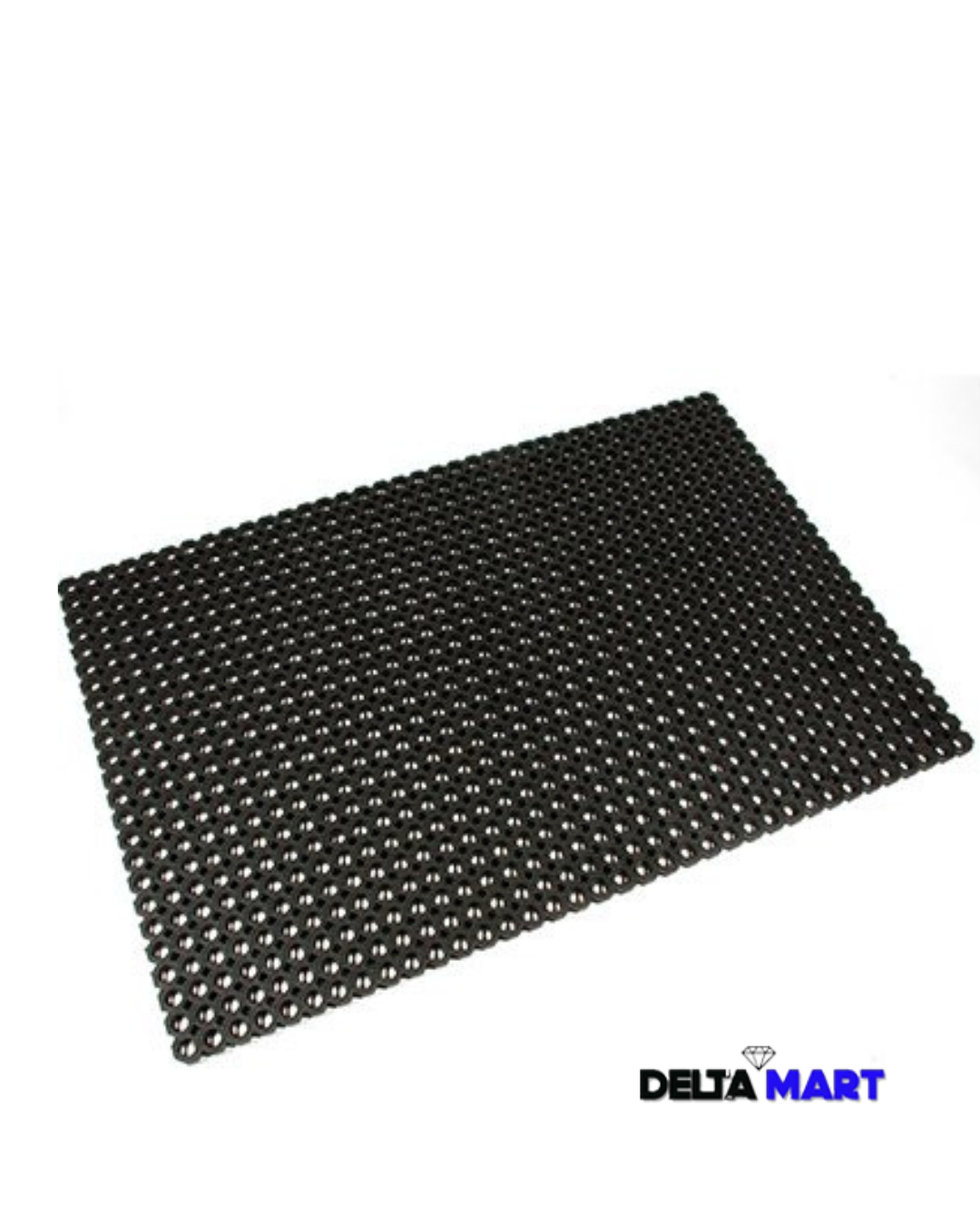 Black perforated rubber mat with evenly spaced round holes on a white background, Delta Mart logo visible in the bottom-right corner.
