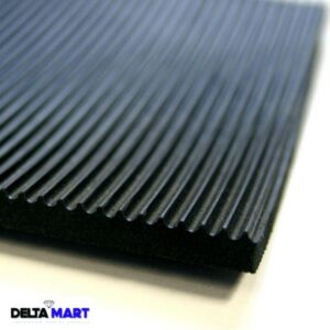 Close-up of a black ribbed mat with parallel grooves and a visible DeltaMart logo in the corner.