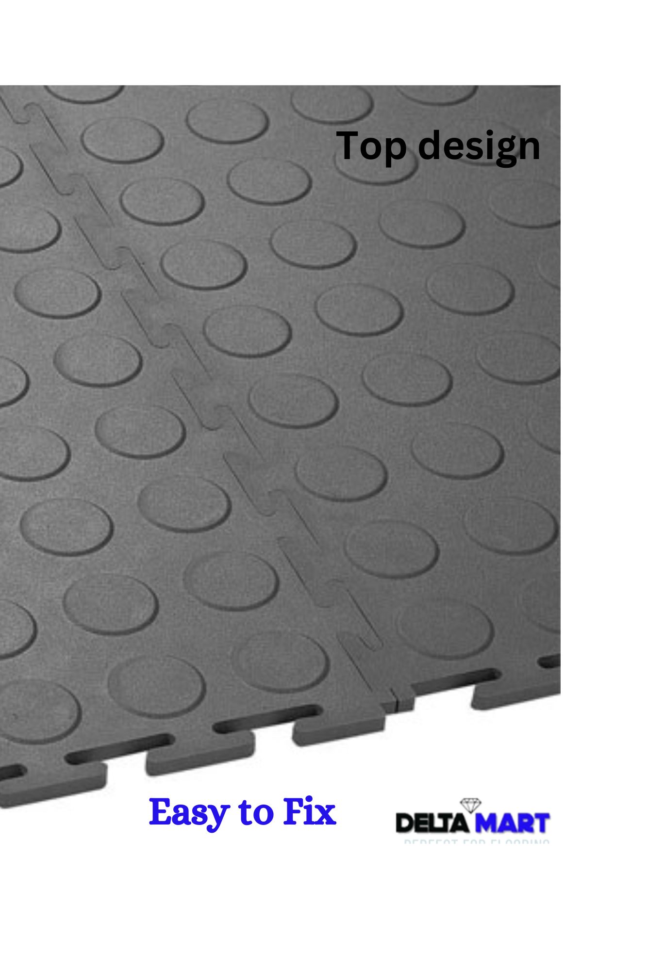 Close-up of gray interlocking textured floor tiles with circular studs; 'Top design' text appears on the right.
