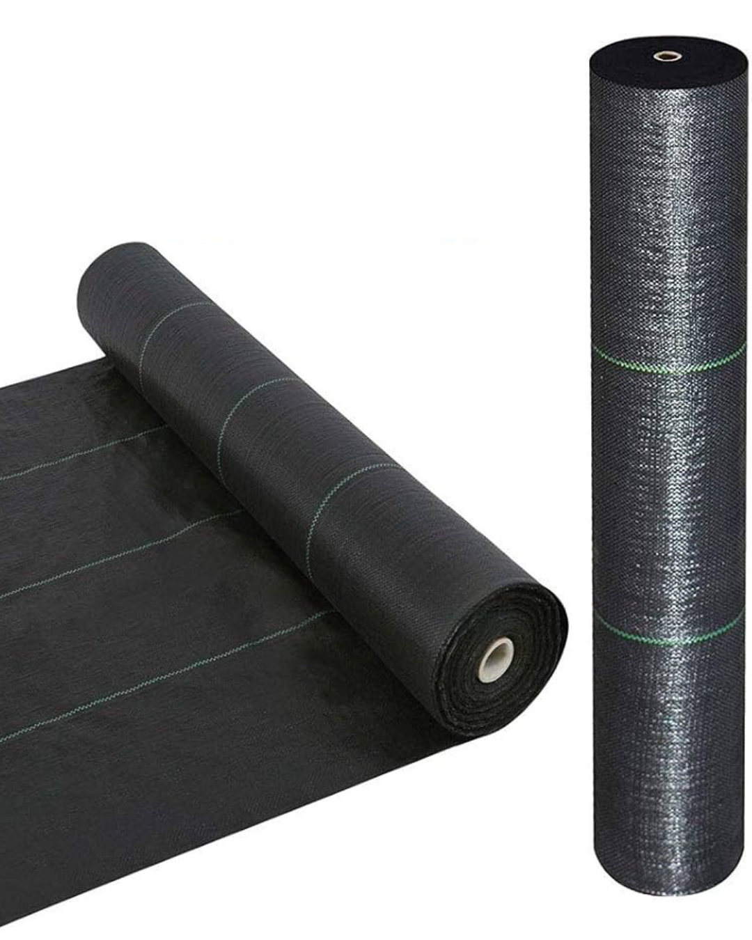 Roll of black waterproofing membrane with green stitched seams.