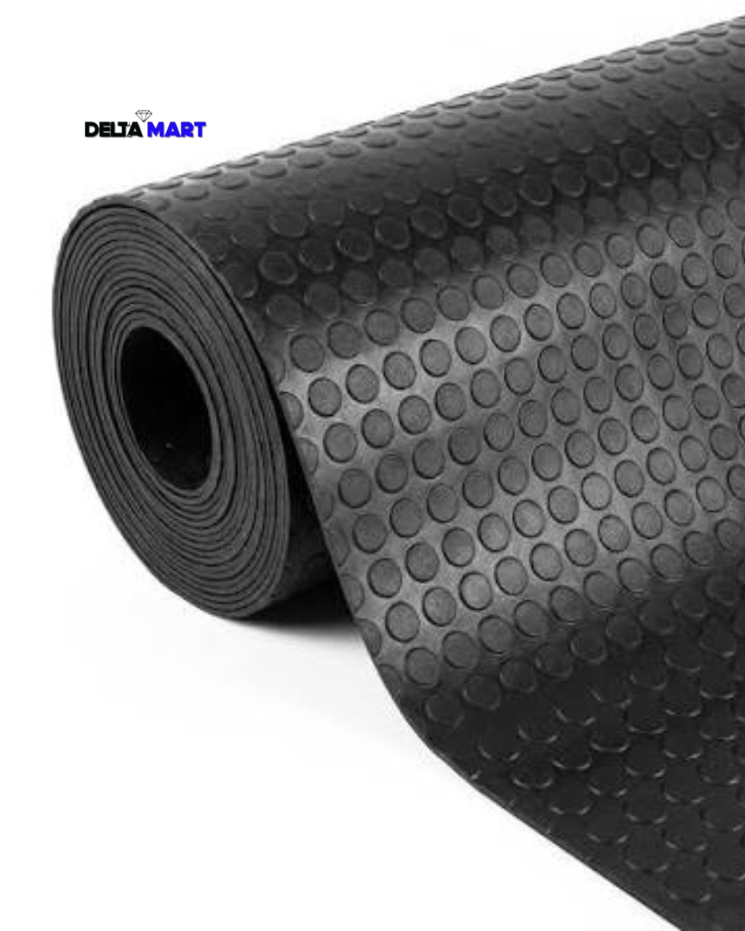 Roll of black bubble-textured mat (gym/exercise mat) with DeltaMart logo in corner
