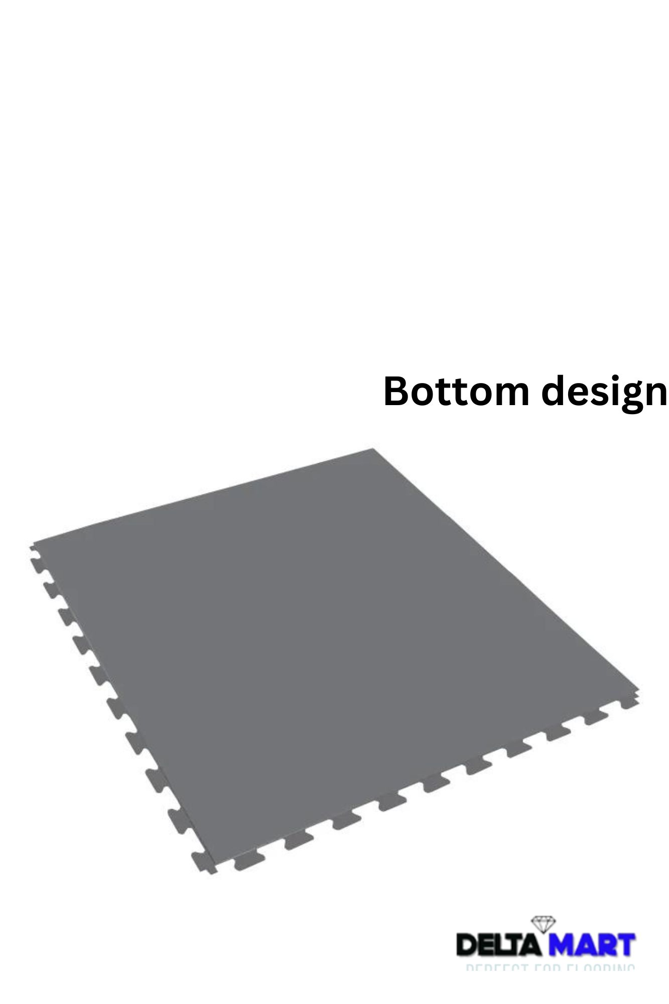 Grey interlocking foam floor tile tilted diagonally, with Delta Mart logo visible at bottom right.
