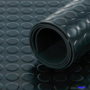 1.5m wide 3.5mm thick coin top rubber flooring roll 10m longtextured floor with Delta Mart logo in the corner.