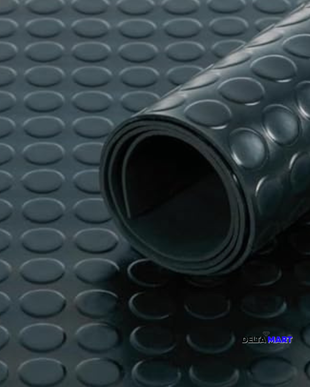 1.5m wide 3.5mm thick coin top rubber flooring roll 10m longtextured floor with Delta Mart logo in the corner.