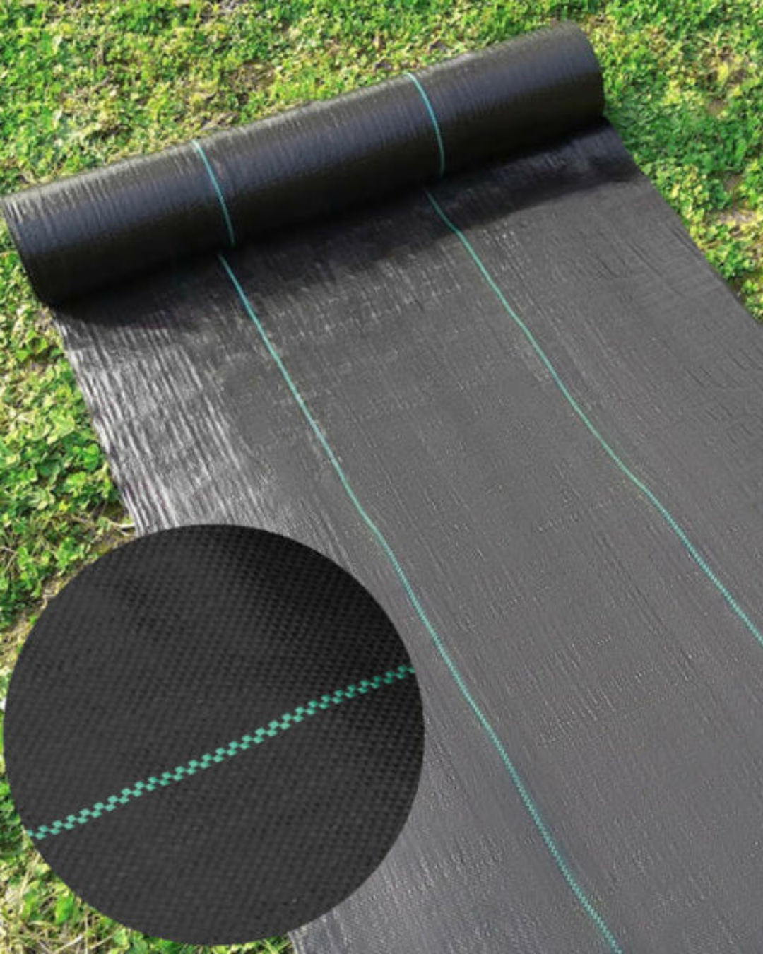 Roll of black waterproofing membrane laid out on grass, with teal seam lines and a close-up showing the woven texture.