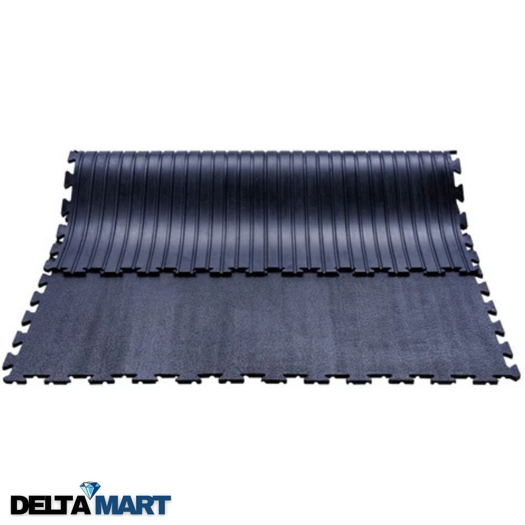 Dark blue interlocking foam floor mats with puzzle-cut edges laid flat on a surface; DeltaMart logo visible bottom left.