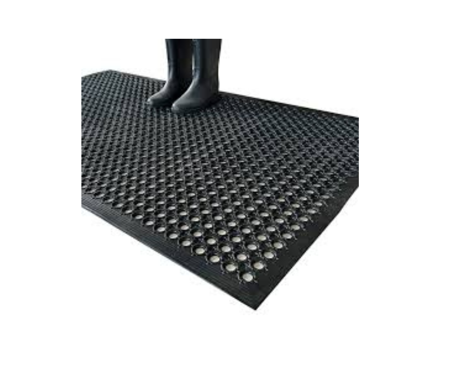 Person wearing boots stands on a black anti-slip studded mat, viewed from above.