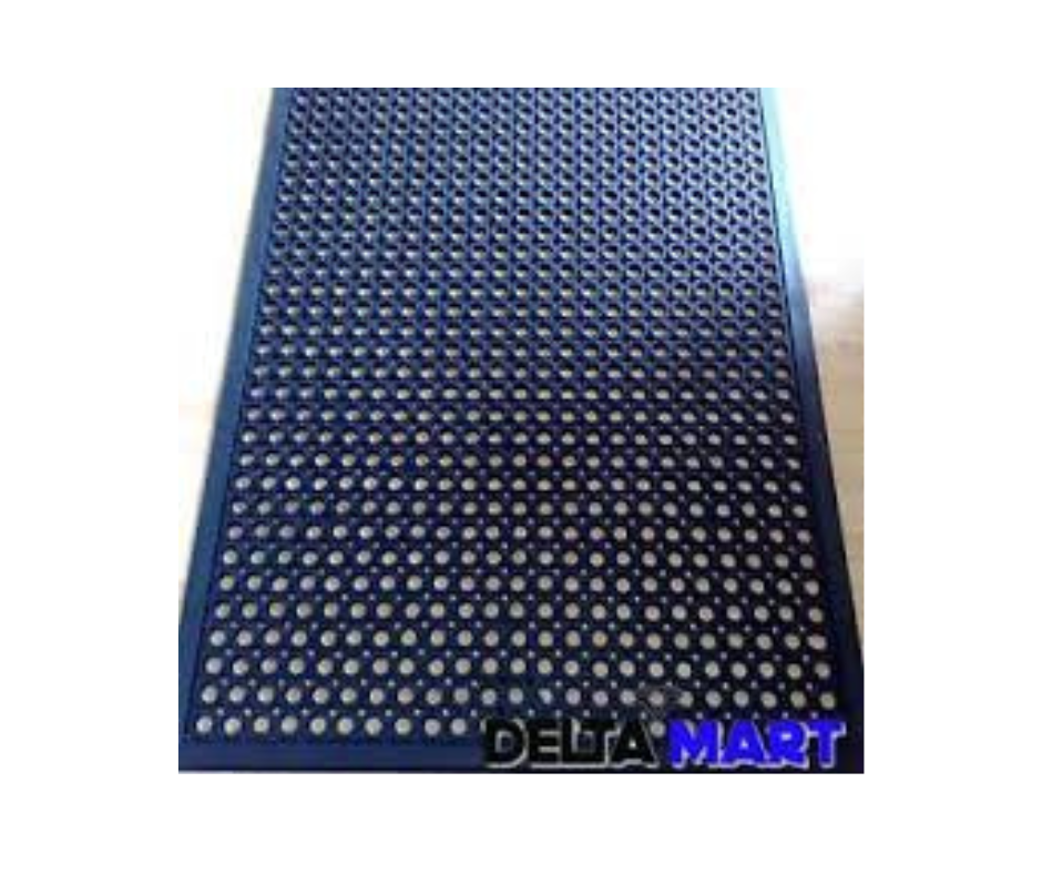 Perforated black rubber mat with many small circular holes, branded Delta Mart in the corner