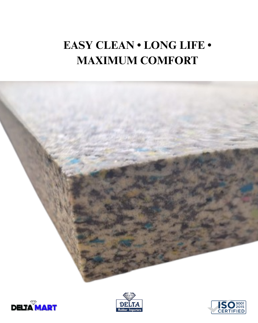 Close-up of a speckled composite countertop edge, showing a durable, easy‑clean surface with brand logos (Delta Mart, Delta Rubber, ISO Certified) at the bottom.