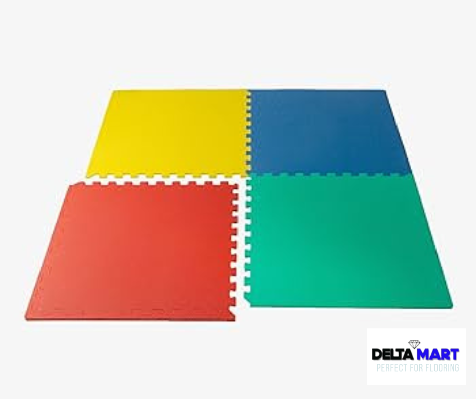 10mm EVA foam mats 60cm x 60cm interlocking tiles in red, yellow, green and grey colours for kids play areas and martial arts flooring
