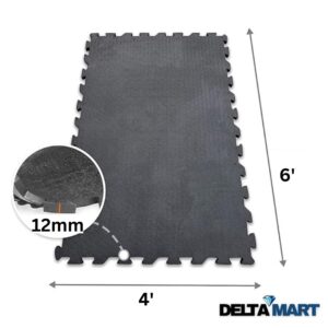 Interlocking foam floor tile, 4 by 6 feet, 12mm thick, with edge tabs visible on sides. DeltaMart logo bottom right.