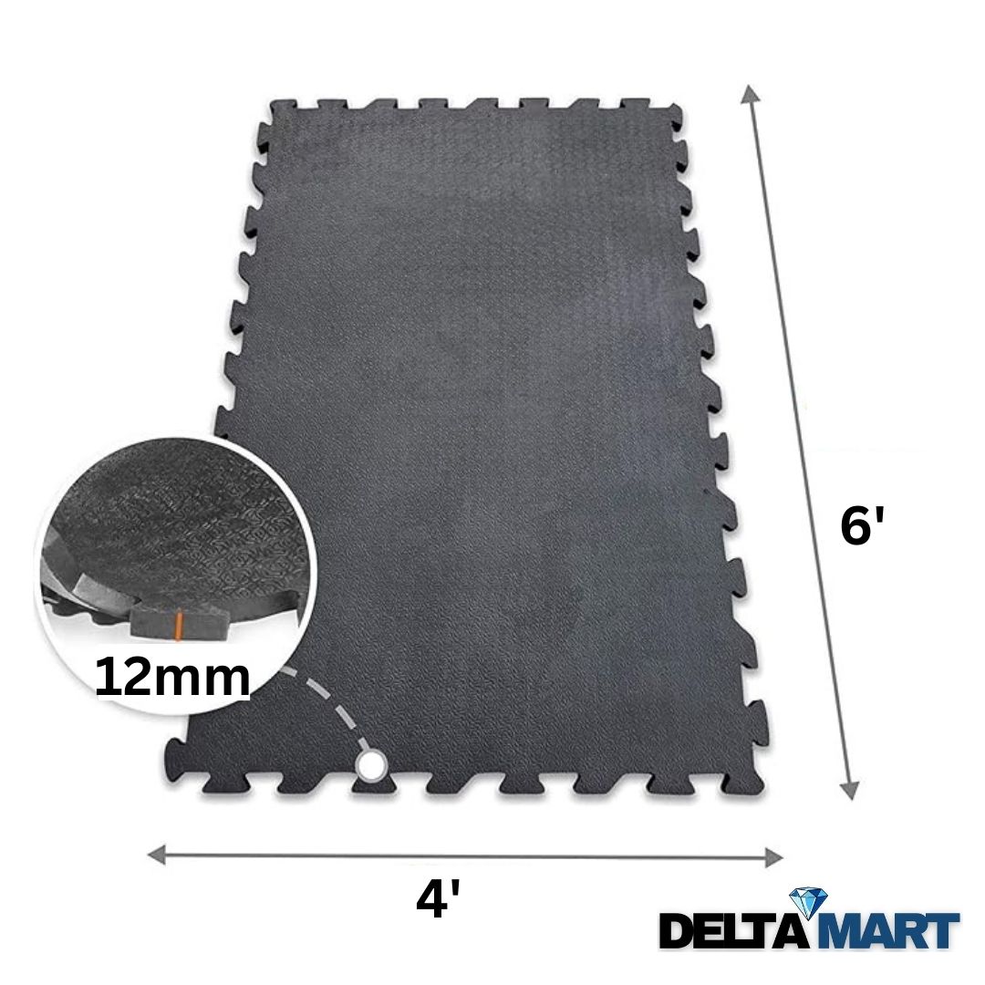 Interlocking foam floor tile, 4 by 6 feet, 12mm thick, with edge tabs visible on sides. DeltaMart logo bottom right.