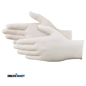 Pair of white disposable gloves laid flat, overlapping fingers visible. (Delta Mart product)