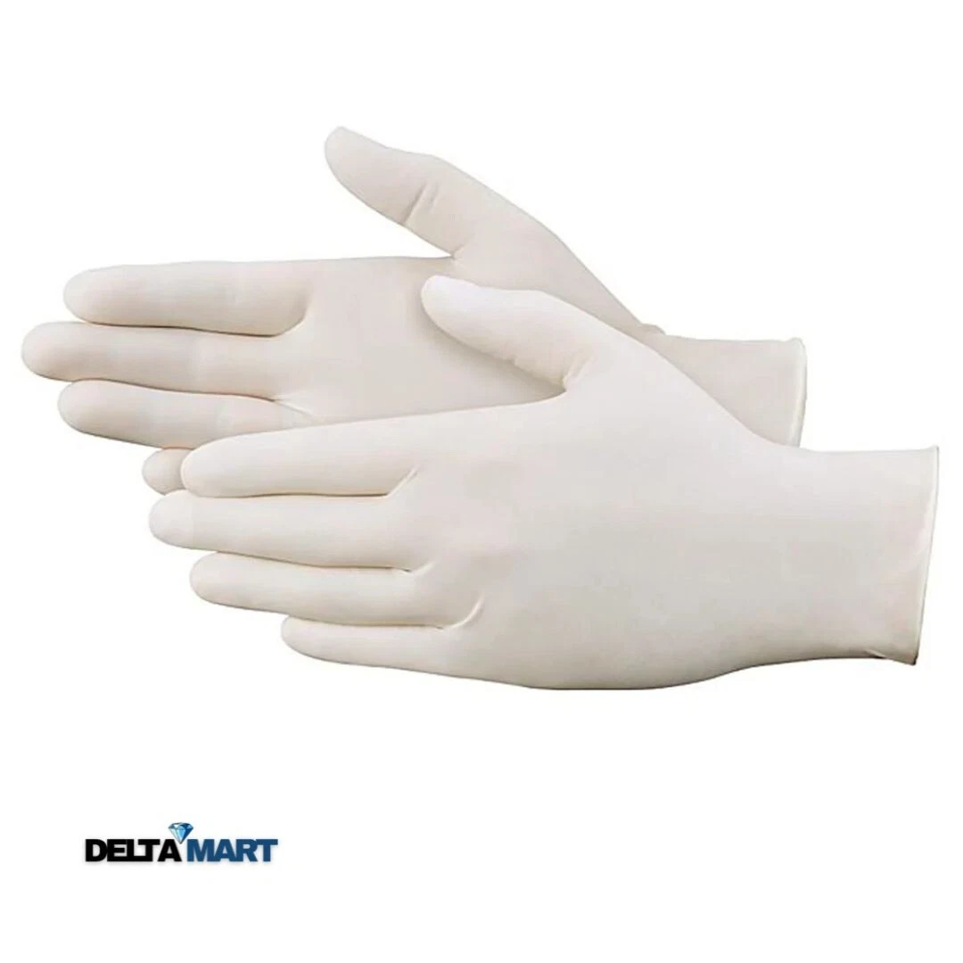 Pair of white disposable gloves laid flat, overlapping fingers visible. (Delta Mart product)