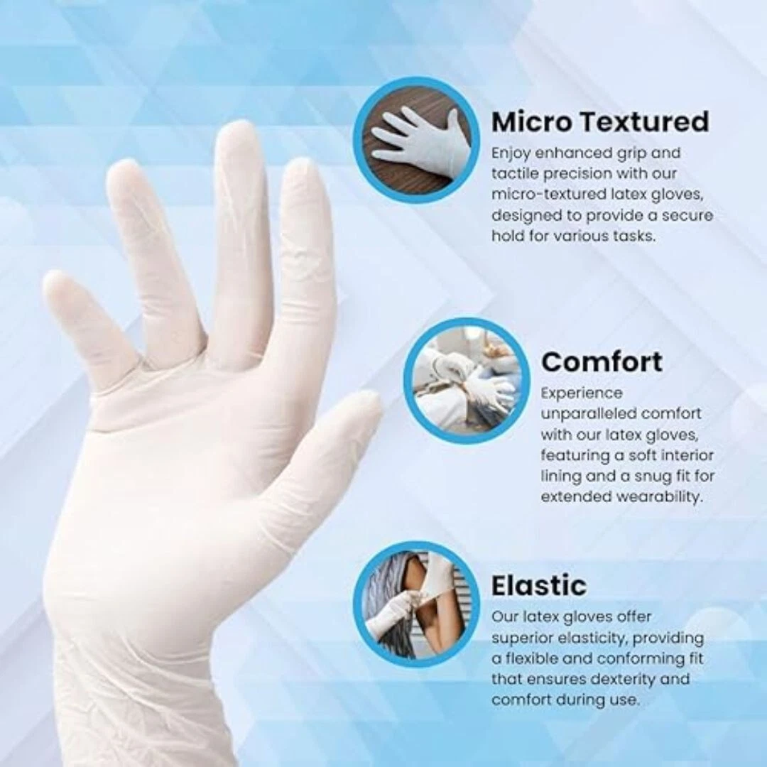Hand wearing a latex glove with three blue-circled callouts: Micro Textured, Comfort and Elastic