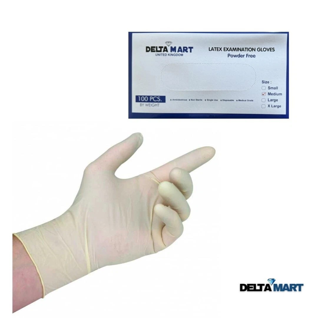 Beige latex examination glove worn on a hand with a Delta Mart glove box in the background labeled 'Latex Examination Gloves' and '100 pcs'.