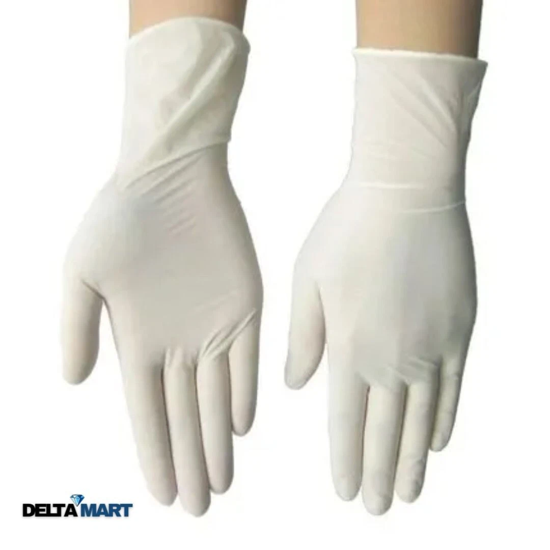 Pair of white disposable gloves worn on both hands, DeltaMart logo visible in the corner.
