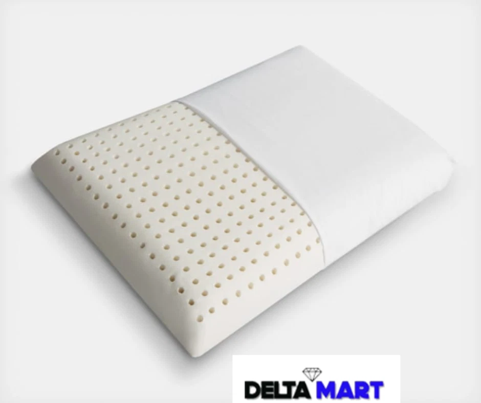 White perforated memory-foam pillow with a removable cover; Delta Mart logo in the bottom-right corner