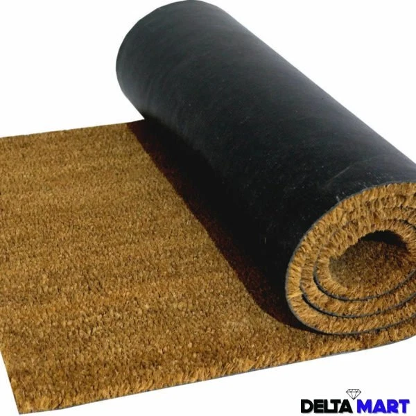 Rolled coir door mat with black rubber backing, partially unrolled.