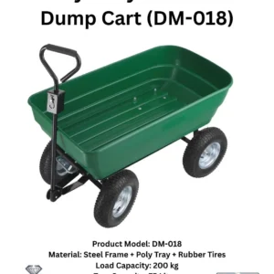 Green heavy-duty garden dump cart with a 75 L tray and four wheels, model DM-018, shown with a handle and steel frame.