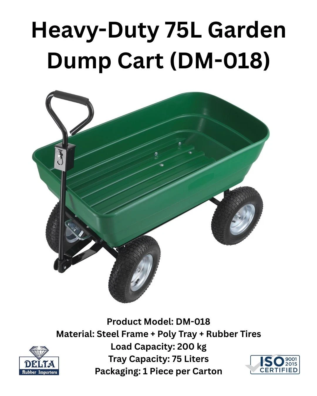 Green heavy-duty garden dump cart with a 75 L tray and four wheels, model DM-018, shown with a handle and steel frame.