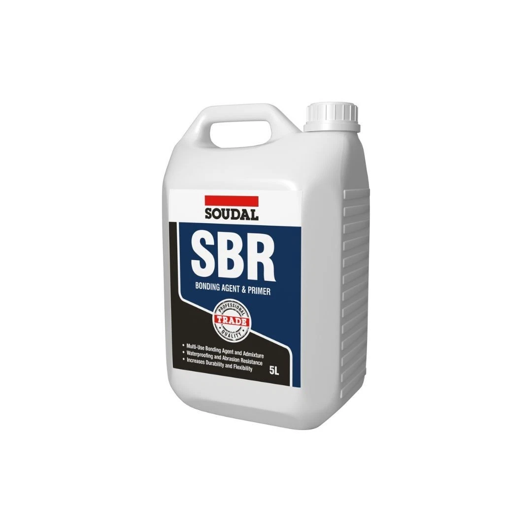 White plastic bottle labeled Soudal SBR bonding agent and primer (5L) with a blue and black front label on white background.