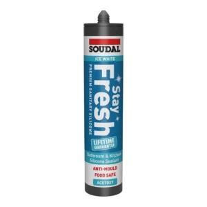 Tube of Soudal Stay Fresh bathroom and kitchen silicone sealant with anti-mould, acetoxy formula, blue and gray packaging