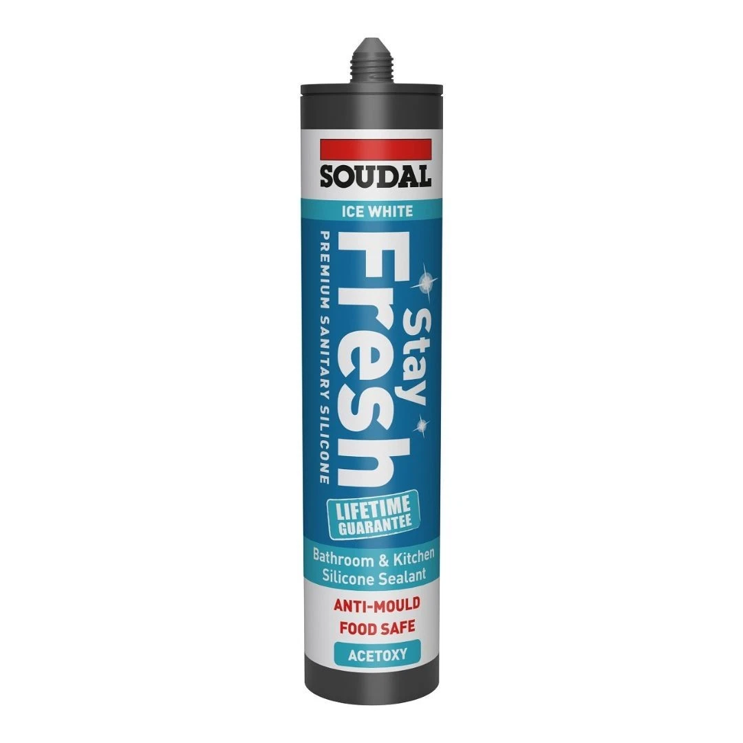 Tube of Soudal Stay Fresh bathroom and kitchen silicone sealant with anti-mould, acetoxy formula, blue and gray packaging
