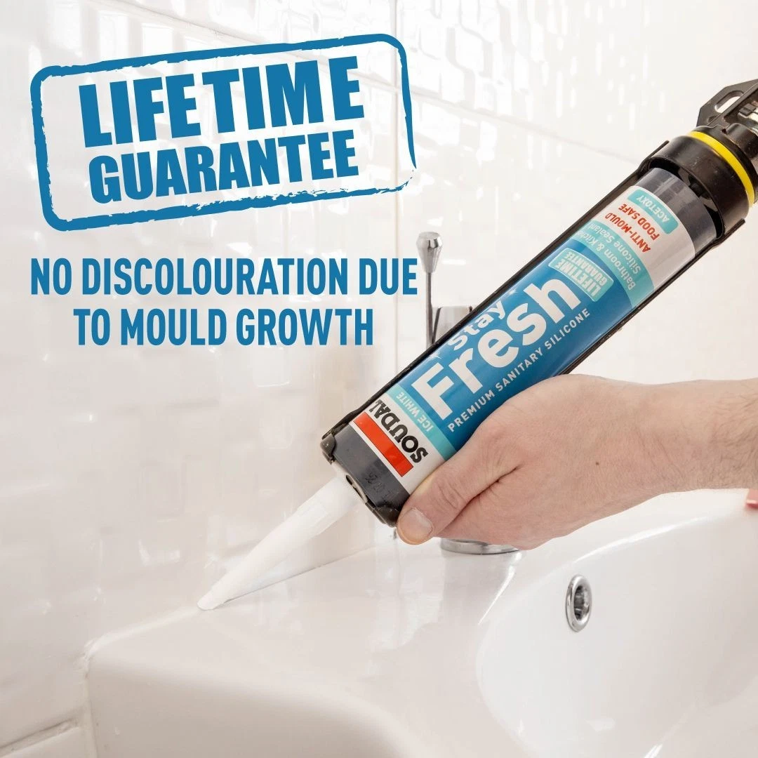 Lifetime Guarantee banner and bold text; hand applies bathroom silicone sealant to a sink edge.
