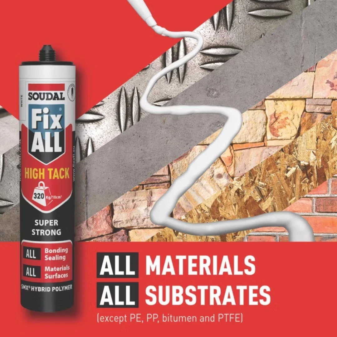 Soudal Fix All High Tack sealant tube with bold red graphics and the text 'ALL MATERIALS ALL SUBSTRATES' on a red background.