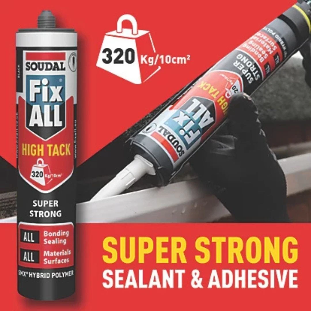 Soudal Fix All High Tack sealant tube on a red promotional background with bold 'SUPER STRONG SEALANT & ADHESIVE' text.