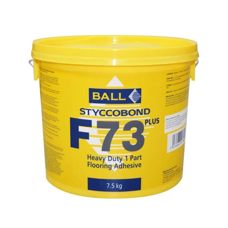 Yellow 7.5 kg bucket of Ball Styccobond F-73 Plus heavy‑duty flooring adhesive with blue label text on it.