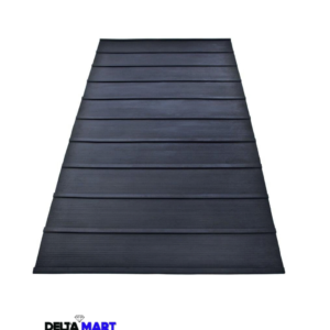Dark gray wooden deck boards laid in parallel planks forming a tapering platform, with a Delta Mart logo in the corner below left.