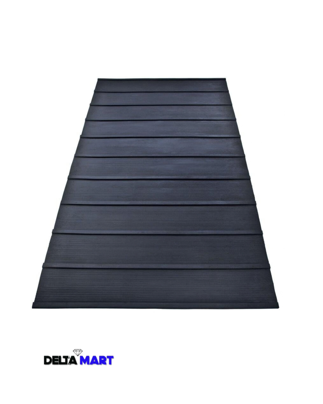 Dark gray wooden deck boards laid in parallel planks forming a tapering platform, with a Delta Mart logo in the corner below left.