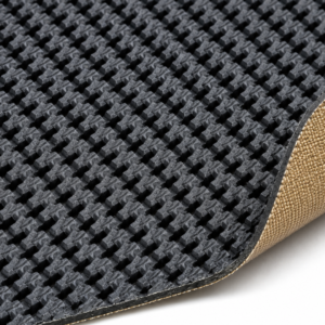 Close-up of a black waffle-textured floor mat with a beige edge and Delta Mart logo in the bottom corner.