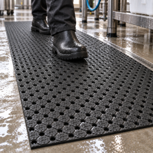 Worker wearing black waterproof boots stepping on a perforated rubber anti-slip mat in a wet industrial kitchen/facility floor.