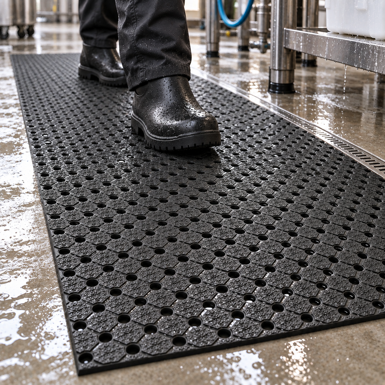 Worker wearing black waterproof boots stepping on a perforated rubber anti-slip mat in a wet industrial kitchen/facility floor.